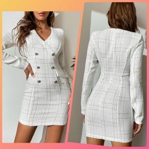 Shein White Plaid & Gold Button Detail Tweed Dress